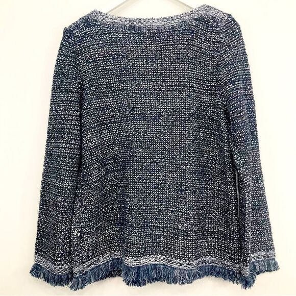 Ann Taylor Navy Blue Metallic Silver Sequin Boat Neck Fringed Knit Sweater - Picture 10 of 16